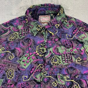 Vintage REACTOR Button Down Shirt Mens Medium Purple Green Abstract Rayon 90s